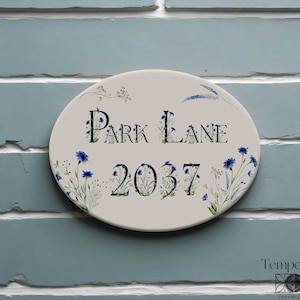 May include: Oval ceramic house number sign with a white background and blue and white floral design. The sign reads "Park Lane 2037".