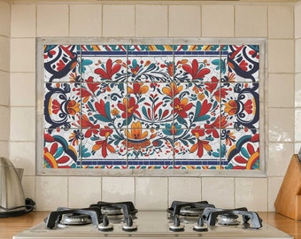 Mexican Talavera floral tile mural, traditional backsplash for kitchen decor