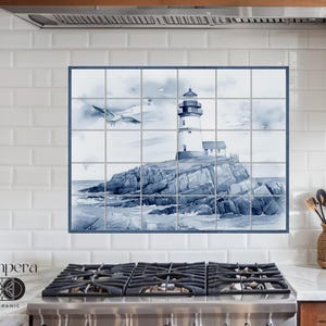 Lighthouse nautical tiles mural, Delft blue seascape tiles
