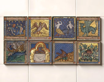 Medieval Beasts Accent Tiles: Bestiaries Decor, Set of 8
