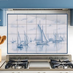 Sailboats backsplash tile mural: Blue coastal style scene