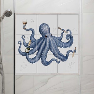 Whimsical octopus ceramic tiles for wine lovers and coastal bar decor