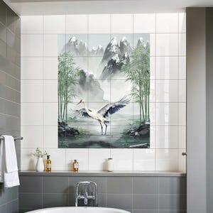 Badezimmer Fliesenbild mit Kranich und Bambus, asiatische Landschaftskeramikwandkunst