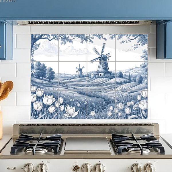 Dutch windmill landscape ceramic mural, Blue and white backsplash tiles