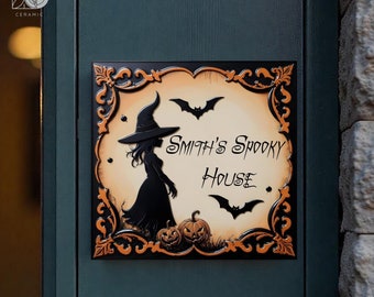Personalisierte Witchy Halloween Plakette: Keramik Halloween Türschild