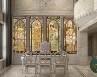 Times of the day by Mucha tiles mural, Set of Mucha border tiles