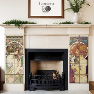 Alphonse Mucha tile installationt for your fireplace, Primrose and Feather tiles mural
