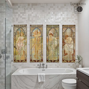 Times of the day by Mucha tiles mural, Set of Mucha tiles with borders