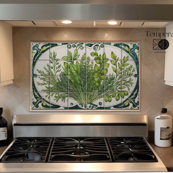 Dosseret aux herbes Art nouveau, carreaux de dosseret personnalisés, décoration de cuisine aux herbes, bordure de cadre en marbre