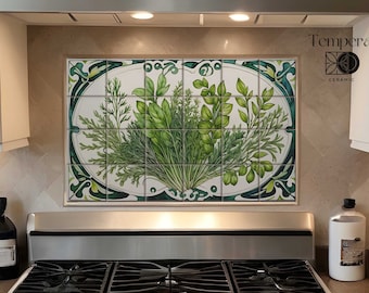 Backsplash Herbs Art Nouveau, Custom backsplash tiles, Herbs kitchen decor, Marble frame border