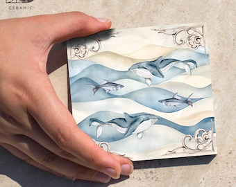 Azulejos para piscina con diseño de ballena: estilo náutico mediterráneo, azulejos personalizados con línea de flotación