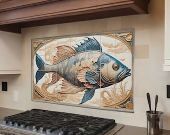 Abstract fish tile mural: Beach house tile kitchen backsplash