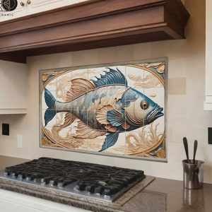 Abstract Fish Tile Mural: Kitchen Backsplash with Marble Frame