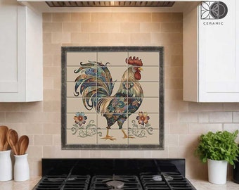 Rooster Tile Mural: Farmhouse Kitchen Backsplash with Border