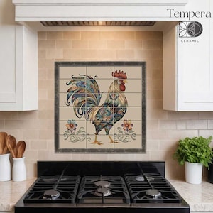 Rooster mural tiles, Farmhouse backsplash tiles, Rooster backsplash with border
