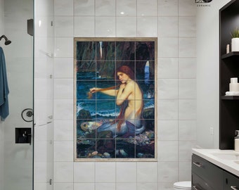 A Mermaid by Waterhouse bathroom tiles mural, Mermaid shower niche decor, Bathroom border tile