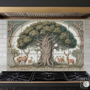 Medieval tree backsplash tile mural, woodland scene kitchen tile