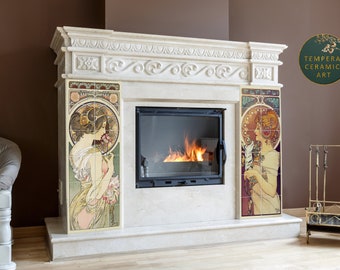 Primrose and Feather by Mucha printed on Italian mosaic. Fireplace Mosaic Decor