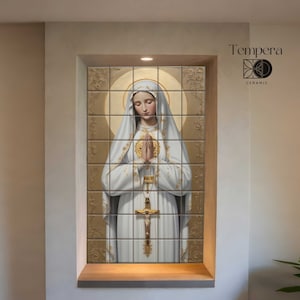 Our Lady of Fatima Tile Mural: Religious Icon, Marble Frame