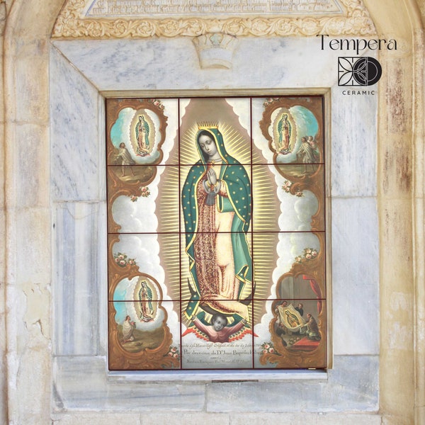 Murale di piastrelle della Vergine di Guadalupe, murale di icone messicane, murale in ceramica della Cappella della Vergine di Guadalupe