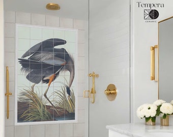 Mural tile set of the Blue Heron by Audubon, tiles mural with a bird, custom size tile bird set, border tile mural