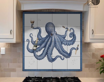 Octopus Backsplash tile mural, Octopus with fork and knife, wine and a glass, octopus tiles