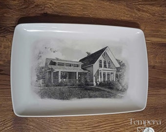 Custom porcelain platter, plate with a portrait of your house, vintage illustration of your house on a plate.