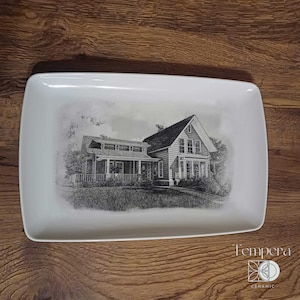 Custom House Portrait Plate: Vintage Illustration on Porcelain Platter