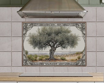 Olive Tree Kitchen Backsplash Tile Mural with Marble Frame