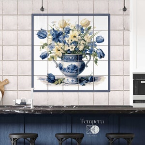 Backsplash blue vase with flowers and border tiles mural