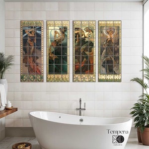 May include: Three framed art prints depicting women in flowing gowns with a moon and stars in the background. The prints are in a bathroom setting with a white bathtub and green plants.