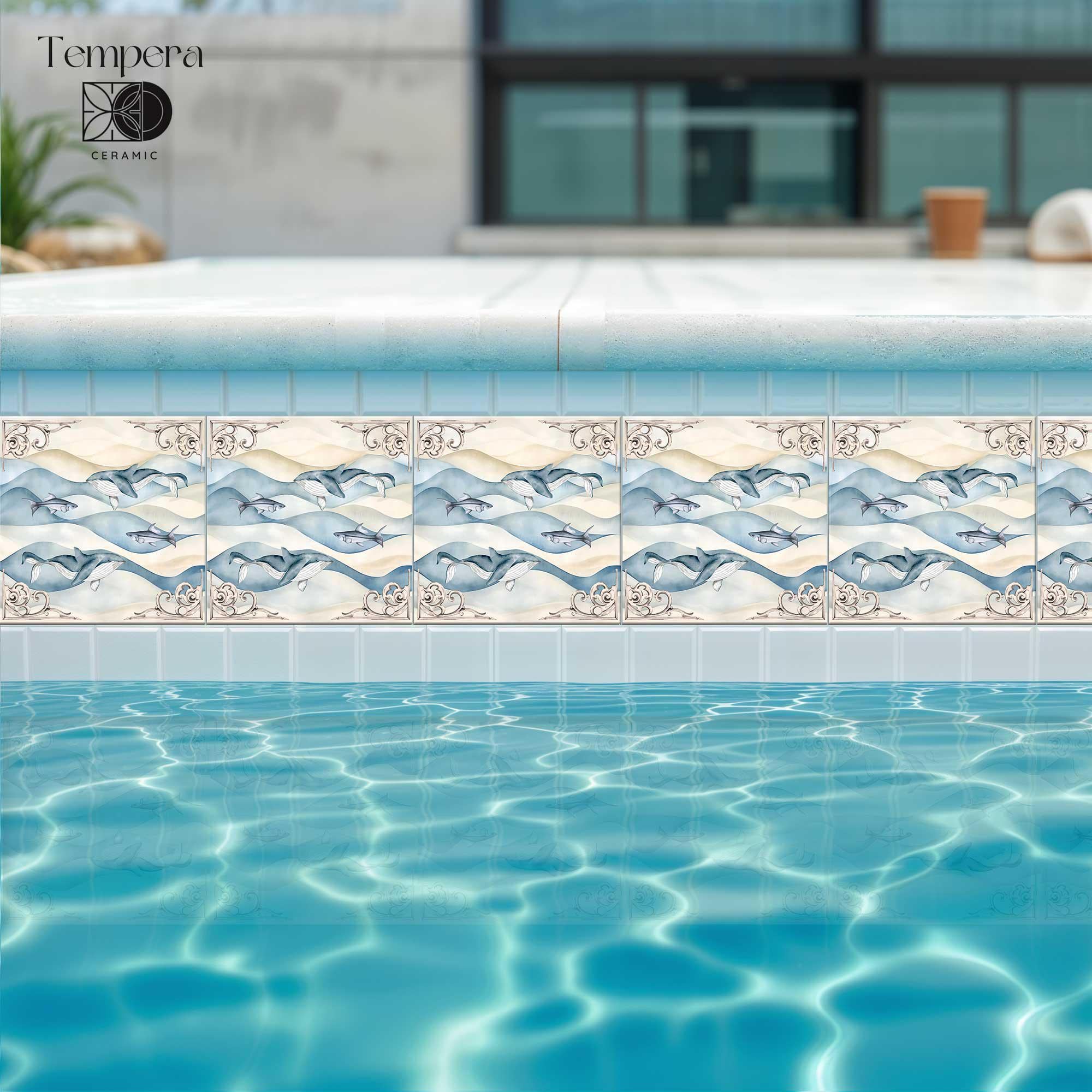 Whale Pattern Pool Tiles: Nautical Mediterranean Style, Custom ...