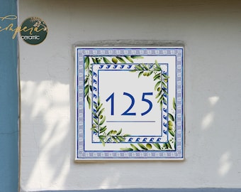 Greek Style House Number Plaque: Olive Branch Porcelain Tile