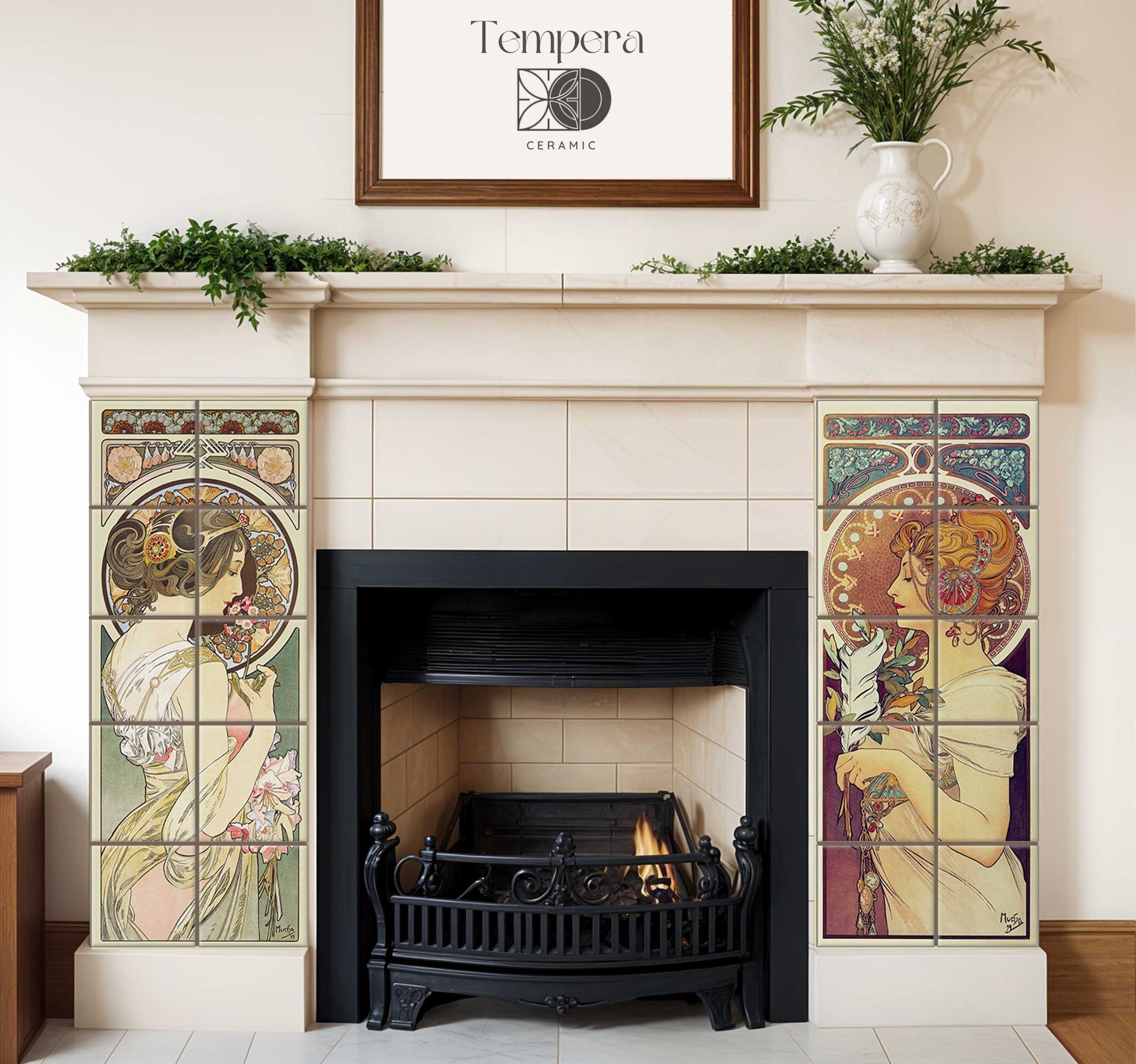 Alphonse Mucha Tile Installationt for Your Fireplace, Primrose and