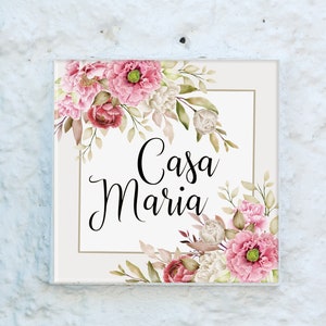 Floral ceramic house name plaque, Custom house name tile sign