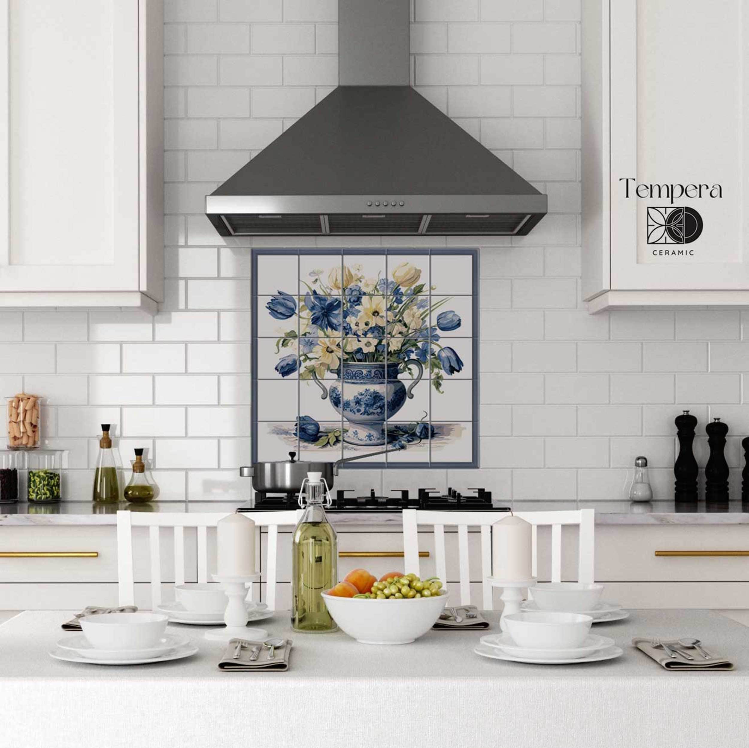 Backsplash blue vase with flowers and border tiles mural, tiles image frame