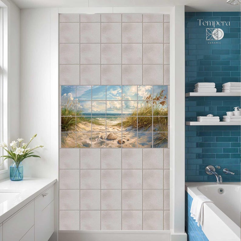 Coastal bathroom tiles mural, beach tiles
