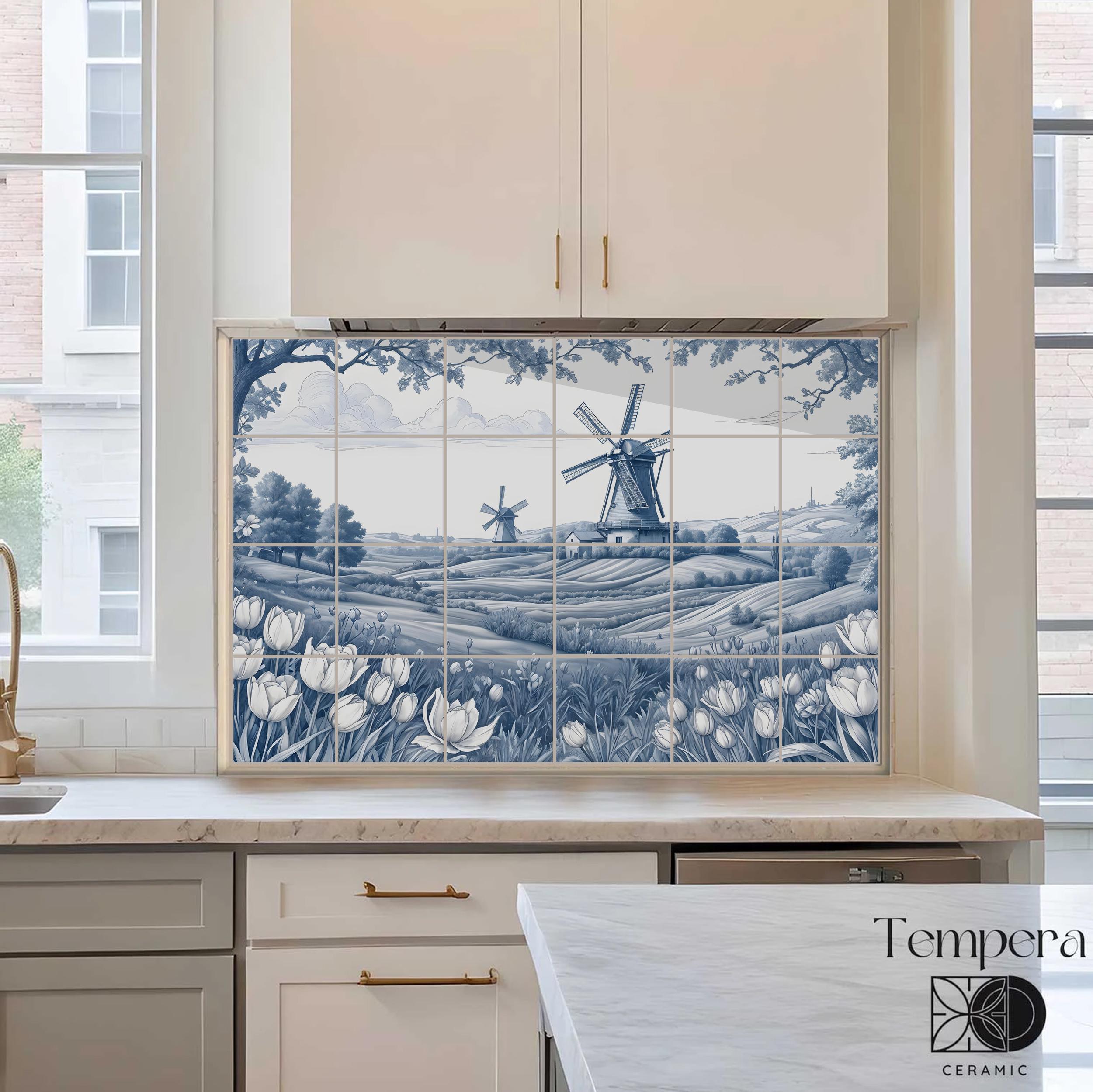 絵画 flk040164 Dutch Windmill Landscape Ceramic Mural, Blue and White Backsplash
