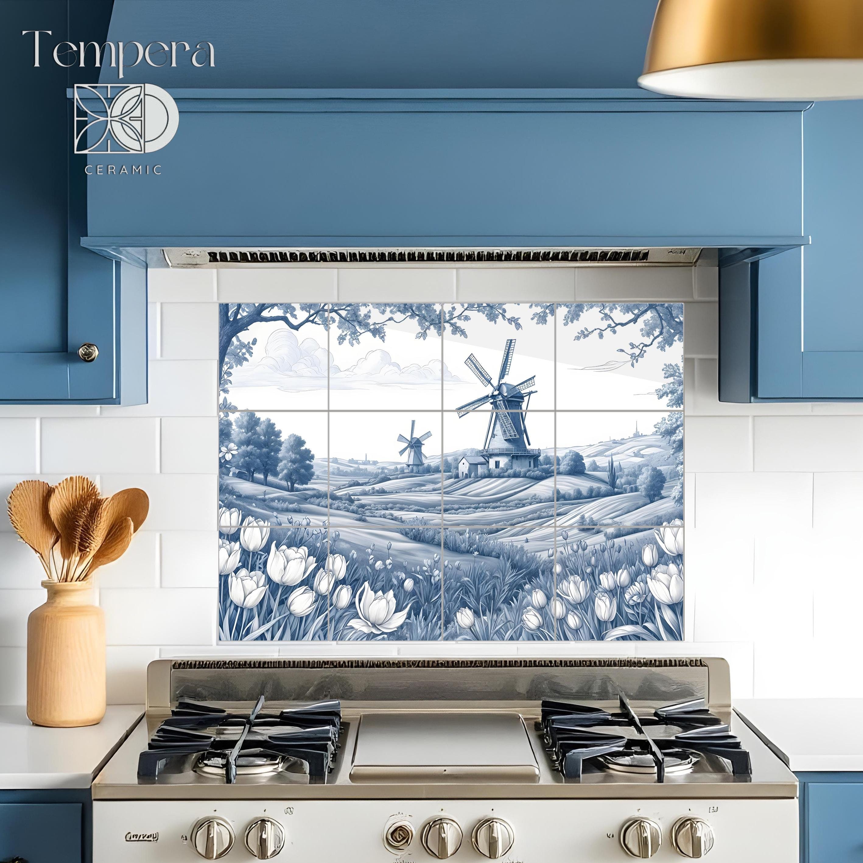Dutch Windmill Landscape Ceramic Mural, Blue and White Backsplash