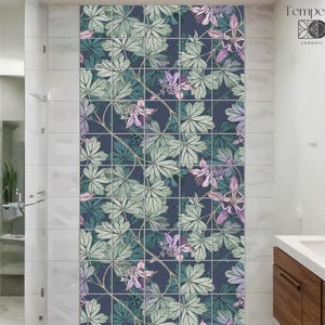 Leaf pattern bathroom tiles mural, Floral shower niche tiles