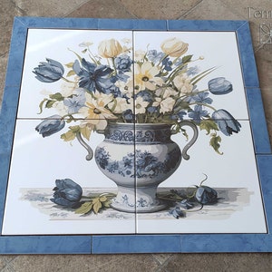 Backsplash blue vase with flowers and border tiles mural, tiles image frame zdjęcie 7