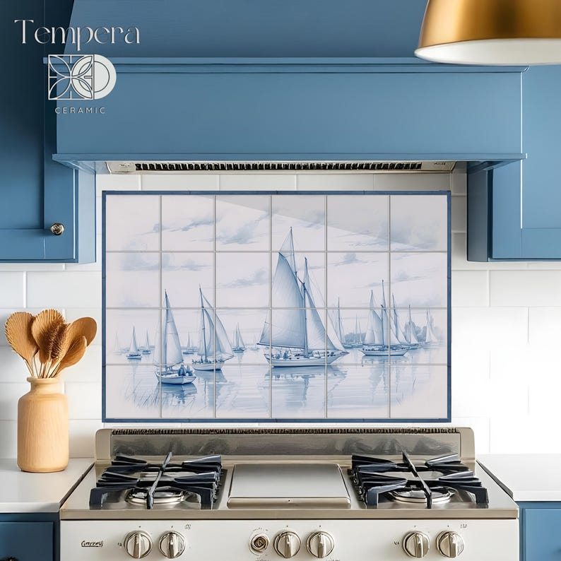 blue and withe tiles backsplash with boats in the sea
