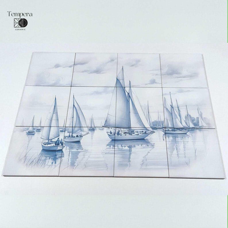 blue and withe tiles backsplash with boats in the sea
