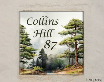 Forest house sign address plaque, Ceramic house sign, Forest cottage sign