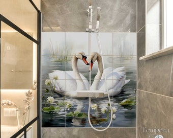 Schwanen-Duschnischen-Fliesenwandbild, Fliesenwandbild im einzigartigen Look, Schwanen-Badezimmerdekorfliesen