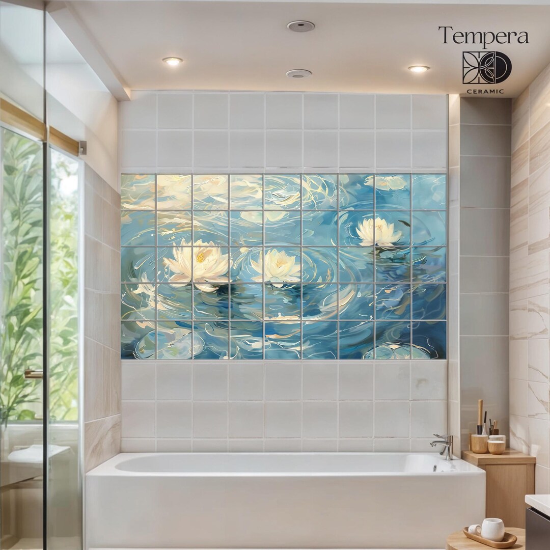 Water Lilies in Tranquil Water Tiles Mural, Bathroom Tiles Mural With ...