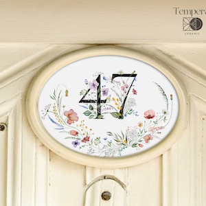 Numéro d'adresse en céramique avec motif floral délicat, plaque de numéro ovale