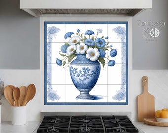 Backsplash delft blue vase with flowers, Border tiles mural, Backsplash accent tiles