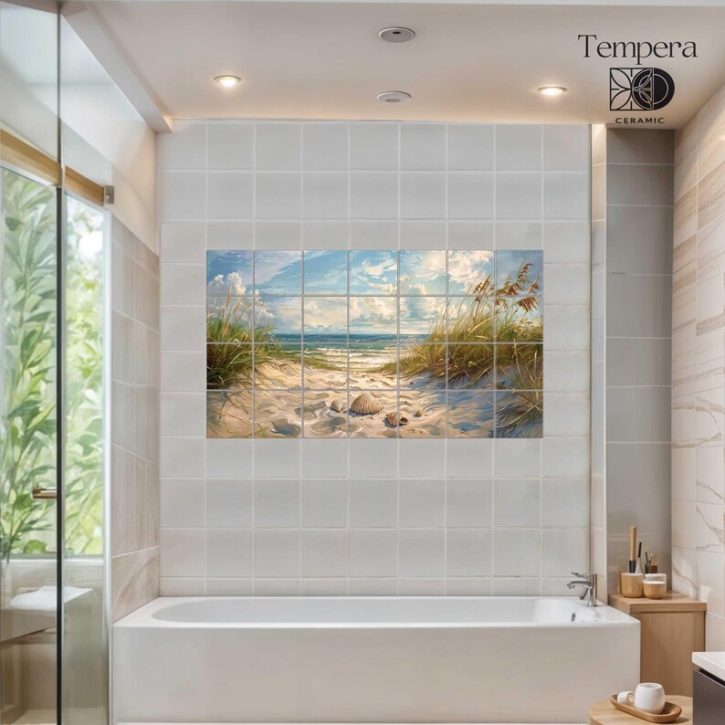 Coastal bathroom tiles mural, beach tiles