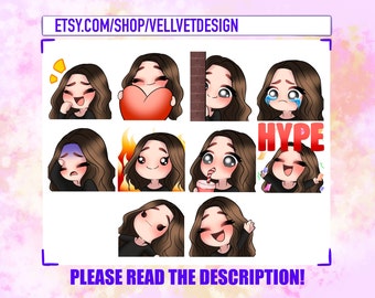 Emotes Chibi de Garota com Cabelo Castanho para Twitch e Discord (Download Digital)